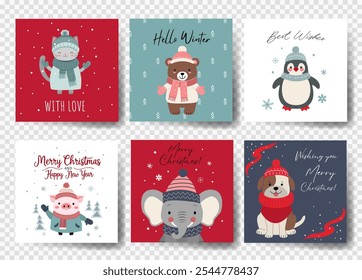 Cute animals christmas cards. Gift tags with Christmas characters. Winter animals. Happy celebrate xmas tags. 