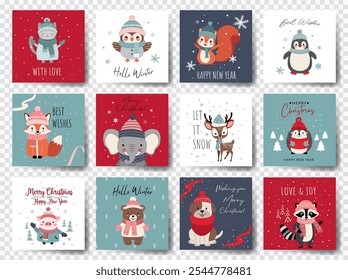 Cute animals christmas cards. Gift tags with Christmas characters. Winter animals. Happy celebrate xmas tags. 