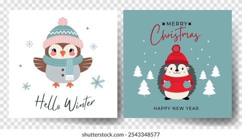 Tarjetas de Navidad de animales lindos. Búho, erizo. Etiquetas de regalo con caracteres de Navidades. Animales de invierno. 