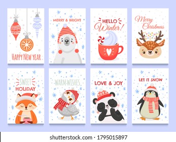 Cute animals christmas cards. Vector christmas winter, holiday decoration with animals bear fox and owl illustration