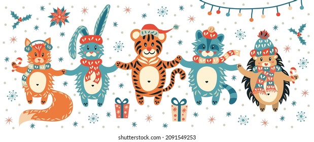 Cute animals and Christmas decorations. Tiger is a symbol of the New Year, fox, rabbit, raccoon and hedgehog. 