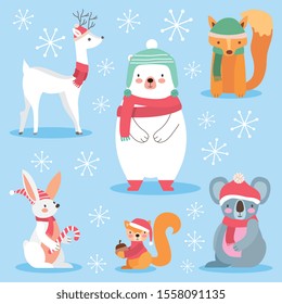 cute animals with christmas scarf and hat and frost. vector illustration