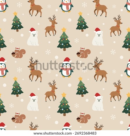 Cute Animals Christmas Seamless Pattern Vector: Reindeer, Penguin, Polar Bear, Squirrel, Pine Tree, and Snowflakes. Brown Flat Design for Festive Fabric and Background.