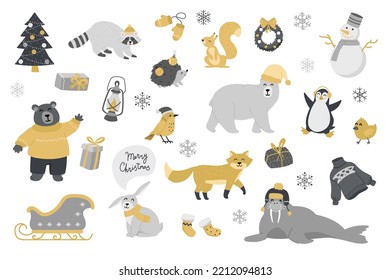 Cute animals in Christmas set with cartoon elements in flat design. Bundle of festive tree, raccoon, hedgehog, wreath, snowflakes, snowman, gift, lantern, other isolated stickers. Vector illustration.