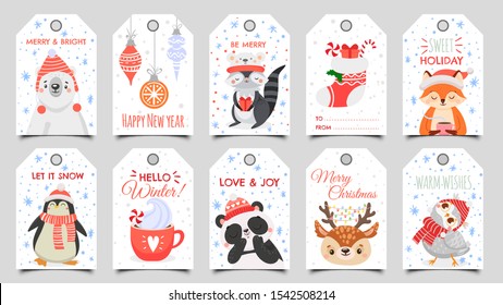 Cute animals christmas tags. Holiday gift tag with winter owl, deer and bears. Happy animal celebrate xmas label, 2020 new year greeting or invitation card. Isolated cartoon vector icons set