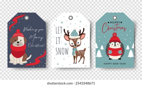 Cute animals christmas tags. Set of gift tags with dog, deer, hedgehog. Happy celebrate xmas label. Winter animals