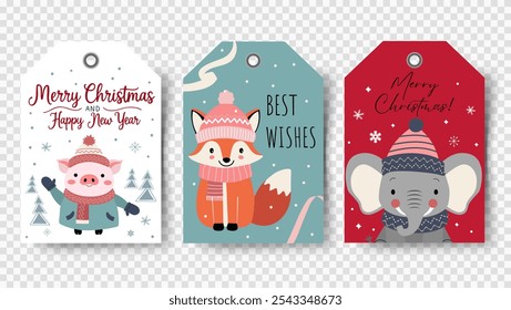 Cute animals christmas tags. Set of gift tags with Christmas characters. Winter pig, fox, elephant