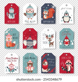 Cute animals christmas tags. Set of gift tags with Christmas characters. Happy celebrate xmas label. 