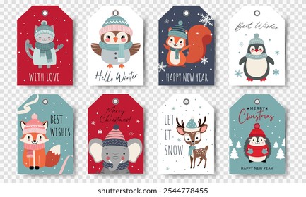 Cute animals christmas tags. Set of gift tags with xmas characters. Happy celebrate xmas label. Winter animals