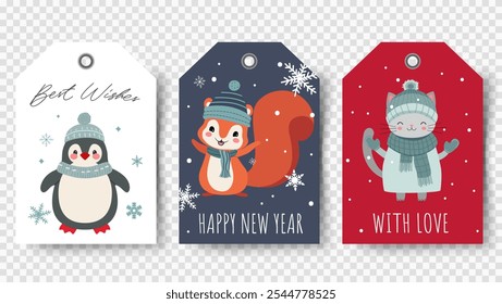 Cute animals christmas tags. Set of gift tags with penguin, cat, squirrel. Happy celebrate xmas label. 