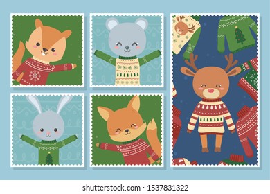cute animals christmas ugly sweater party postcards vector illustration