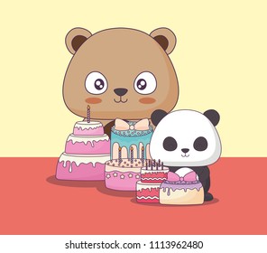 cute animals clebrating party kawaii characters