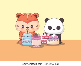 cute animals clebrating party kawaii characters