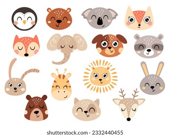 Cute animals clipart. Woodland animal faces clip art. Kawaii animal heads. Cartoon flat vector illustration. Graphic set.