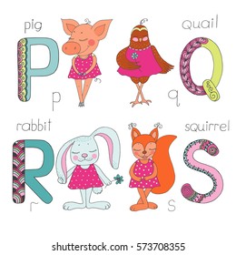 Cute animals with closed eyes in pink dress. Letter P, Q, R,S of the kids alphabet with elements zentangle, doodling style for children education. Vector illustration on white background