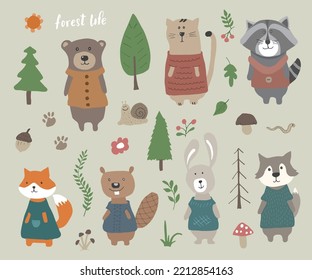 Rutsche Tiere in Kleidung. Cartoon-Wald Wildtiersammlung, Fuchs, Wolf, Bär, Biber, Raccoon, Kaninchen und wilde Katze. Vektorgrafik.