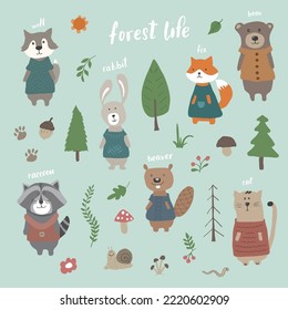 Cute Animals in clothes. Cartoon forest wildlife animals collection, fox, wolf, bear, beaver, raccoon, rabbit and wild cat. Vector illustration.