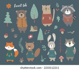 Cute Animals in clothes. Cartoon forest wildlife animals collection, fox, wolf, bear, beaver, raccoon, rabbit and wild cat. Vector illustration.