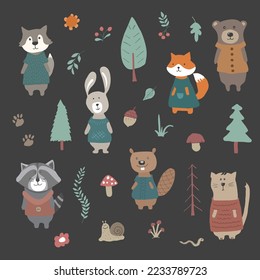 Cute Animals in clothes. Cartoon forest wildlife animals collection, fox, wolf, bear, beaver, raccoon, rabbit and wild cat. Vector illustration.