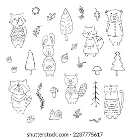 Cute Animals in clothes. Cartoon forest wildlife animals collection, fox, wolf, bear, beaver, raccoon, rabbit and wild cat. Vector illustration.