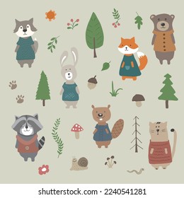 Cute Animals in clothes. Cartoon forest wildlife animals collection, fox, wolf, bear, beaver, raccoon, rabbit and wild cat. Vector illustration.