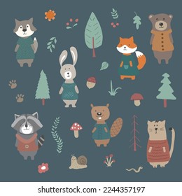 Cute Animals in clothes. Cartoon forest wildlife animals collection, fox, wolf, bear, beaver, raccoon, rabbit and wild cat. Vector illustration.