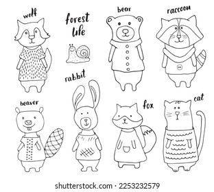 Cute Animals in clothes. Cartoon forest wildlife animals collection, fox, wolf, bear, beaver, raccoon, rabbit and wild cat. Vector illustration.