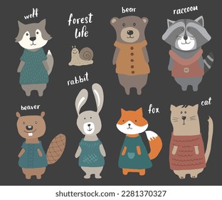 Cute Animals in clothes. Cartoon forest wildlife animals collection, fox, wolf, bear, beaver, raccoon, rabbit and wild cat. Vector illustration.