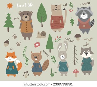 Cute Animals in clothes. Cartoon forest wildlife animals collection, fox, wolf, bear, beaver, raccoon, rabbit and wild cat. Vector illustration.
