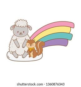 cute animals in the clouds with rainbow woodland characters
