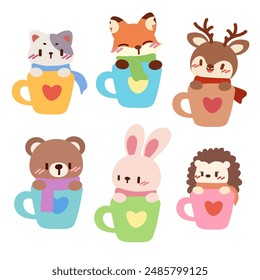 Niedliche Tiere in Kaffeebecher Illustration.Adorable Cartoon Tiere in Tassen Design.Kawaii Tier Figuren in bunten Bechern.