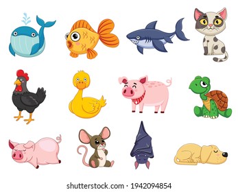 Cute animals collection animal character. Isolates in cartoon flat style white background. Vector illustration design template. Farm animals, wild animals, water animal