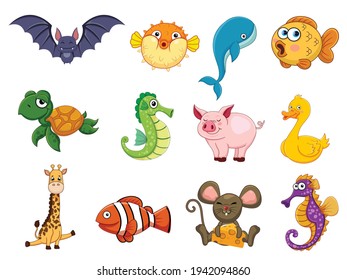 Cute animals collection animal character. Isolates in cartoon flat style white background. Vector illustration design template. Farm animals, wild animals, water animal