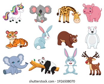 Colección de animales. aislamientos de animales en forma plana de dibujos animados. fondo blanco. Plantilla de diseño de ilustración vectorial. Animales de granja, animales salvajes, animales acuáticos