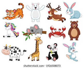 Cute animals collection. animal isolates in cartoon flat style. white background. Vector illustration design template. Farm animals, wild animals, water animal