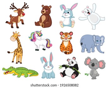 Cute animals collection. animal isolates in cartoon flat style. white background. Vector illustration design template. Farm animals, wild animals, water animal