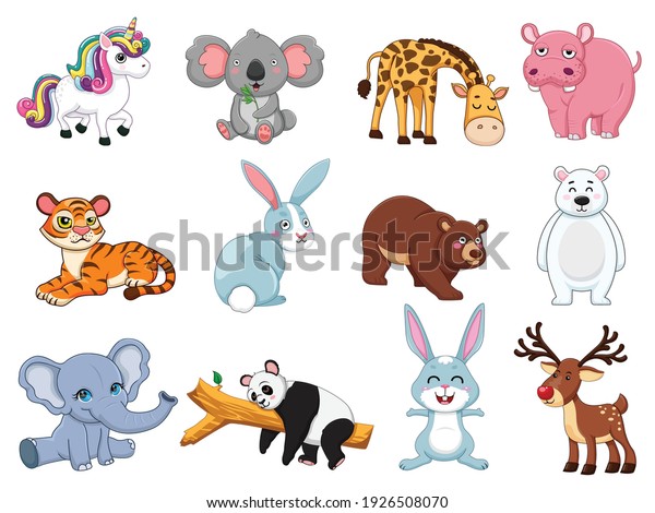 Cute animals collection. animal\
isolates in cartoon flat style. white background. Vector\
illustration design template. Farm animals, wild animals, water\
animal