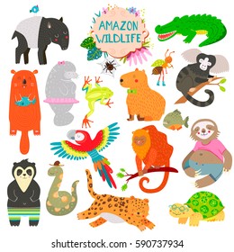 Cute animals collection, baby animals. Amazon animals. Spider, parrot, crocodile, turtle,  monkey, sloth, otter, tapir isolated on white background. Vector illustration.