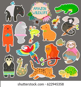 Cute animals collection, baby animals. Amazon animals. Spider, parrot, crocodile, turtle, monkey, sloth, otter, tapir isolated on white background. Vector illustration.

