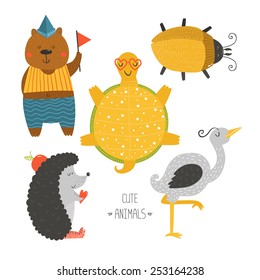 Cute animals collection, baby animals, animals vector. Bear, beetle, tortoise, hedgehog and heron isolated on white background. Cartoon animals set