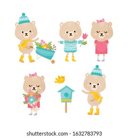 Cute animals collection. bear with a garden wheelbarrow, gives spring flowers bouquet, teddy bear with birdhouse, floral bouquet. Animals rejoices in spring.