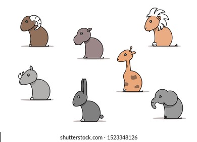 Cute animals collection: elepant,lion,rhino,hippo,rabbit,goat. Vector illustration set isolated on white background.