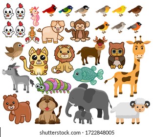 Cute animals collection: farm animals, wild animals, animals isolated on white background. Vector illustration design template