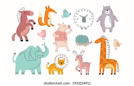 Cute animals collection: farm animals, wild animals. Vector illustration design template.