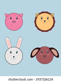 Cute animals collection, four animals vector illustration: pig, lion, bunny, dog