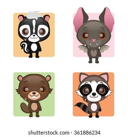 Cute animals collection - skunk, bat, beaver, raccoon