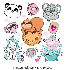 Cute animals collection. Sloth, unicorn, llama, panda and koala