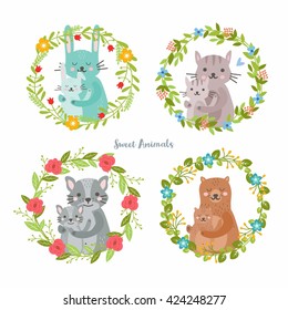 Cute animals collection in summer floral circle frame. Mothers with their children. Perfect for invitations and greeting cards. Happy Mother's Day.