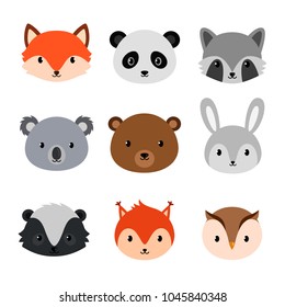 Cute animals collection. Vector animals heads isolated on white background.