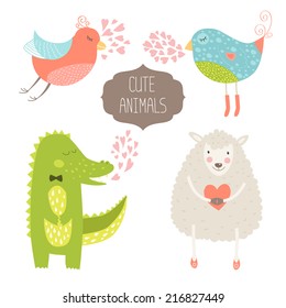 Cute animals collection. Vector illustration with birds, alligator and sheep. Love animal isolated on white background